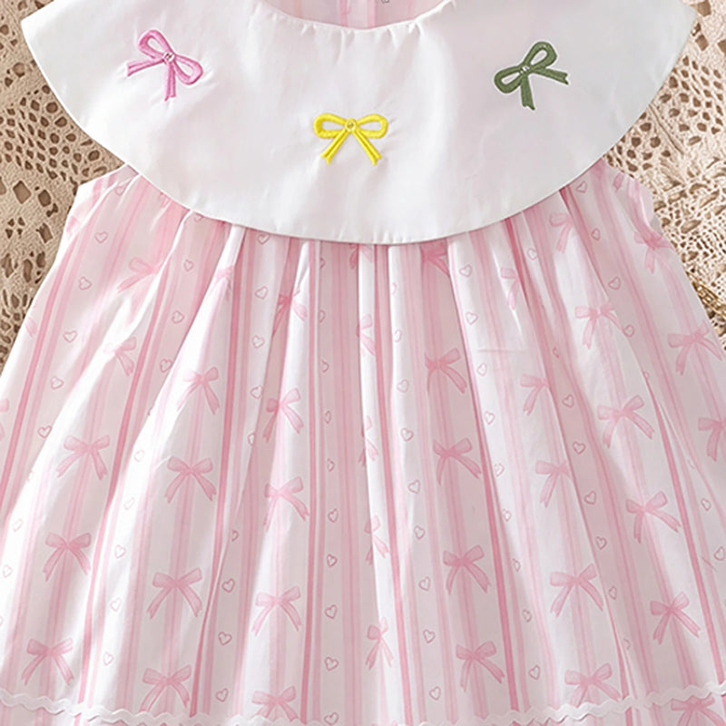 Girls Light Pink Bow Print Sleeveless A-Line Dress Casual Dresses