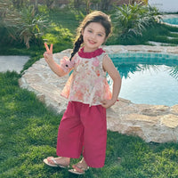 Girls Fuchsia Floral Ruffle Neck Top With Pants Sets Sets Fuchsia 1-2 Y