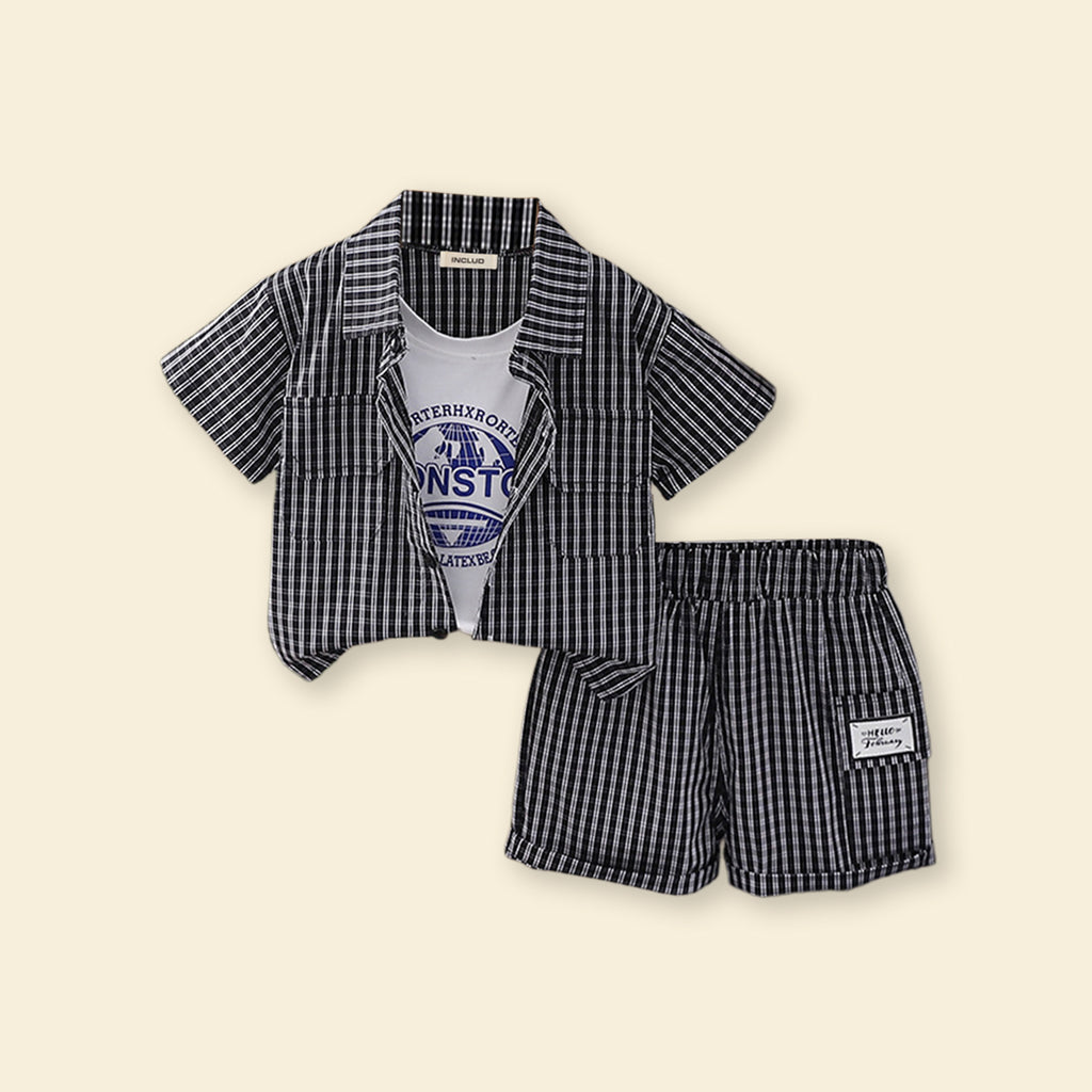 Boys Black Double Pocket Checked Shirt With Shorts 2 pc. Sets Black 1-2 Y 