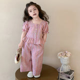 Girls Pink Checked Puff Sleeves Top With Pants Co-ord Sets