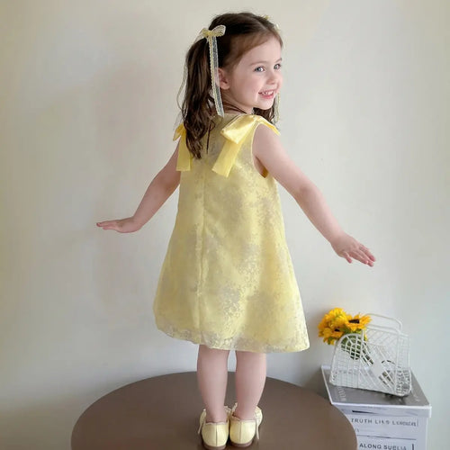 Girls Yellow Floral Sleeveless A-line Dress Casual Dresses