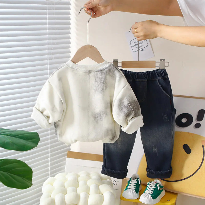Boys White Typographic Regular Sweatshirt With Denim Trouser Sets 2 pc. Sets