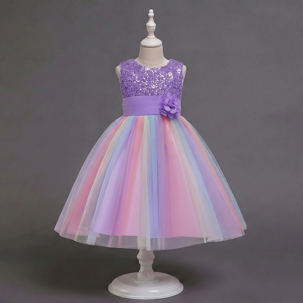 Girls Purple Sequin Embellished Fit & Flare Party Wear Dress With Flower Applique Party Dresses Purple 2-3 Y