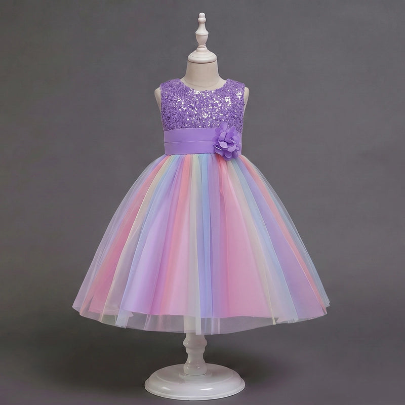 Girls Purple Sequin Embellished Fit & Flare Party Wear Dress With Flower Applique Party Dresses Purple 2-3 Y