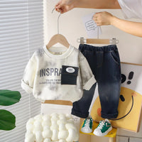 Boys White Typographic Regular Sweatshirt With Denim Trouser Sets 2 pc. Sets White 1-2 Y