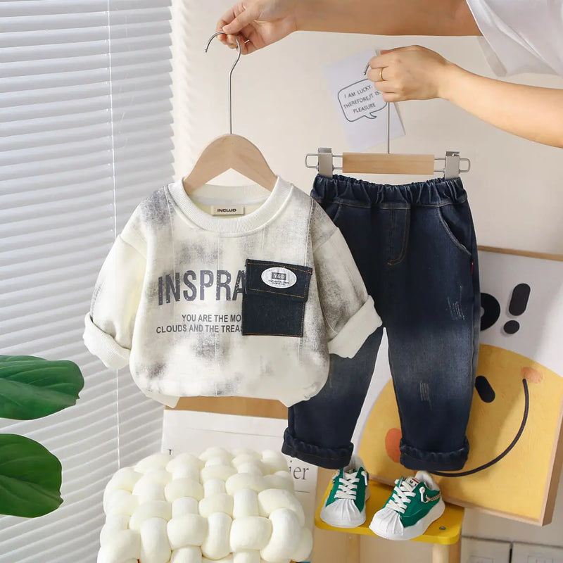 Boys White Typographic Regular Sweatshirt With Denim Trouser Sets 2 pc. Sets White 1-2 Y