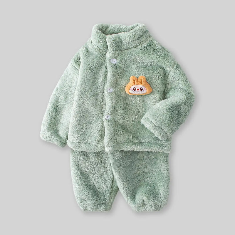Boys Light Green Fleece Button-down Jacket With Jogger Co-ord Sets Sets