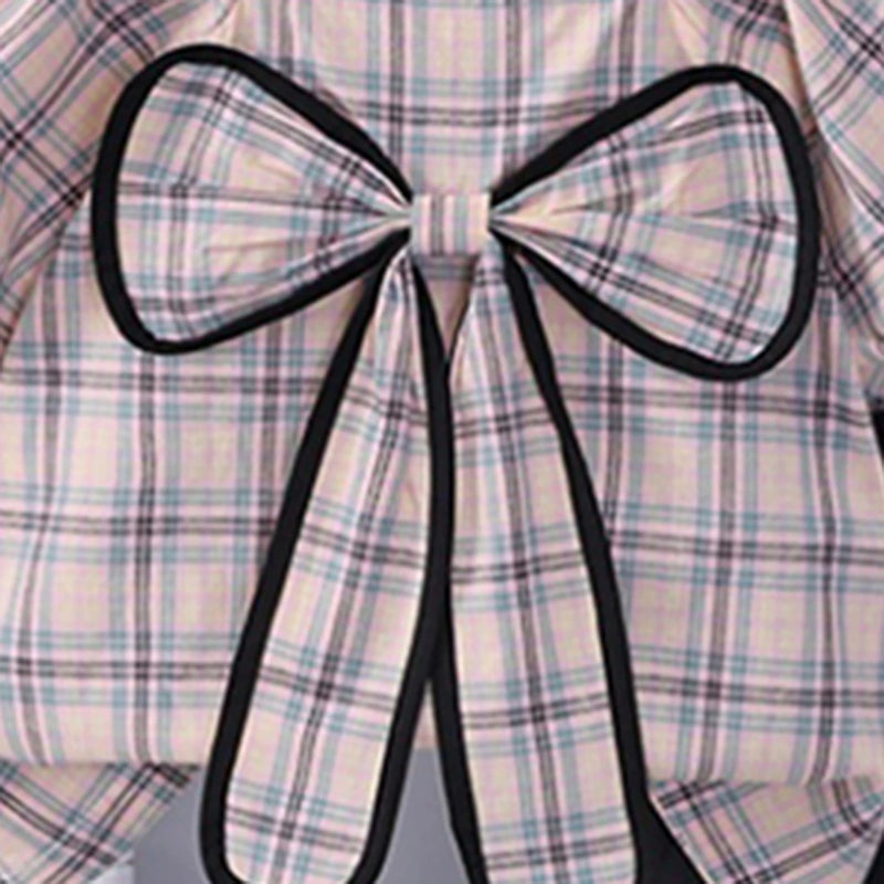 Girls Khaki Checked Big Bow Applique Top With Pleated Shorts Set Sets