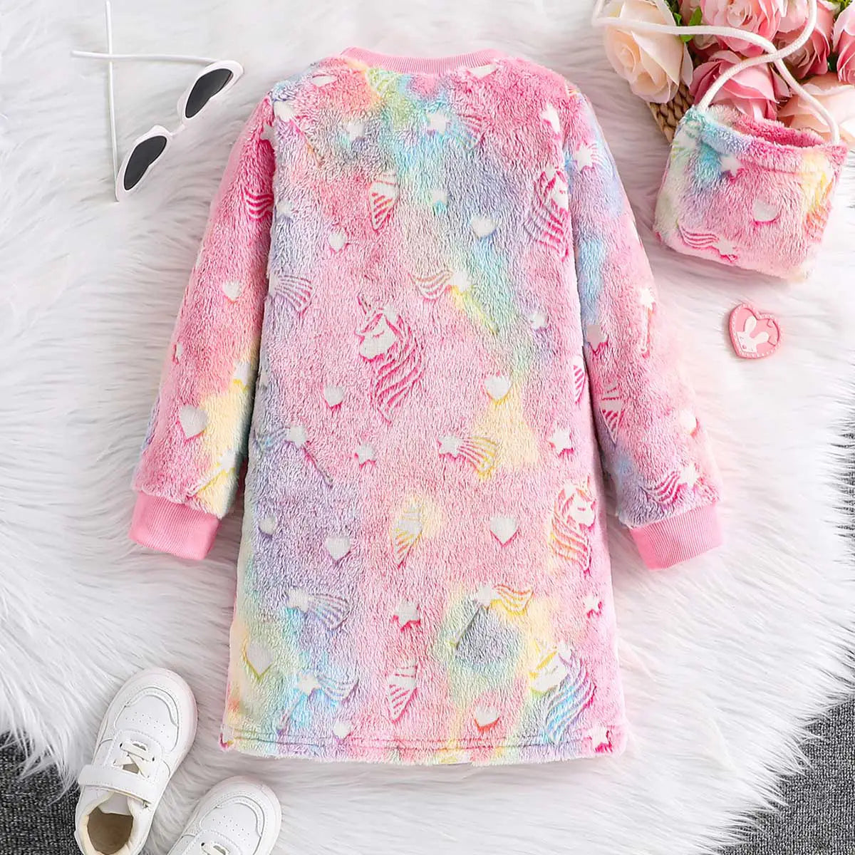 Girls Multicolor Self-Design Unicorn Patterns Fleece T-shirt Dress Casual Dresses