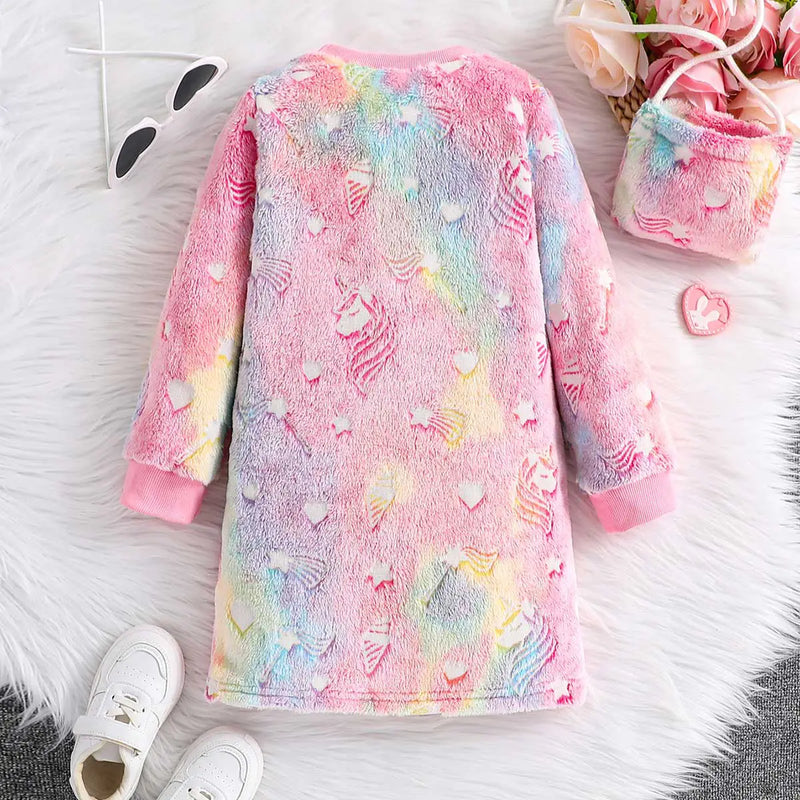 Girls Multicolor Self-Design Unicorn Patterns Fleece T-shirt Dress Casual Dresses