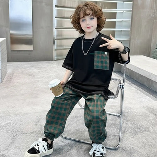 Boys Black Oversized T-Shirt With Checked Joggers Sets Sets Black 5-6 Y