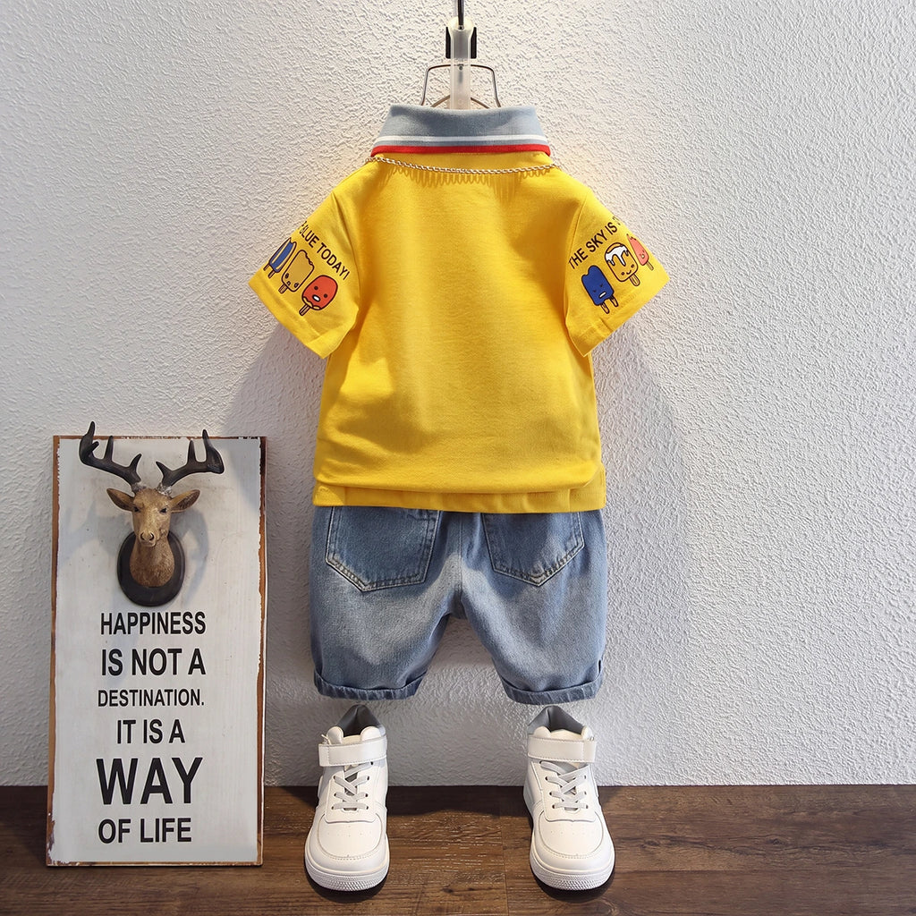 Boys Yellow Short Sleeve Polo T-Shirt With Denim Shorts Sets 2 pc. Sets