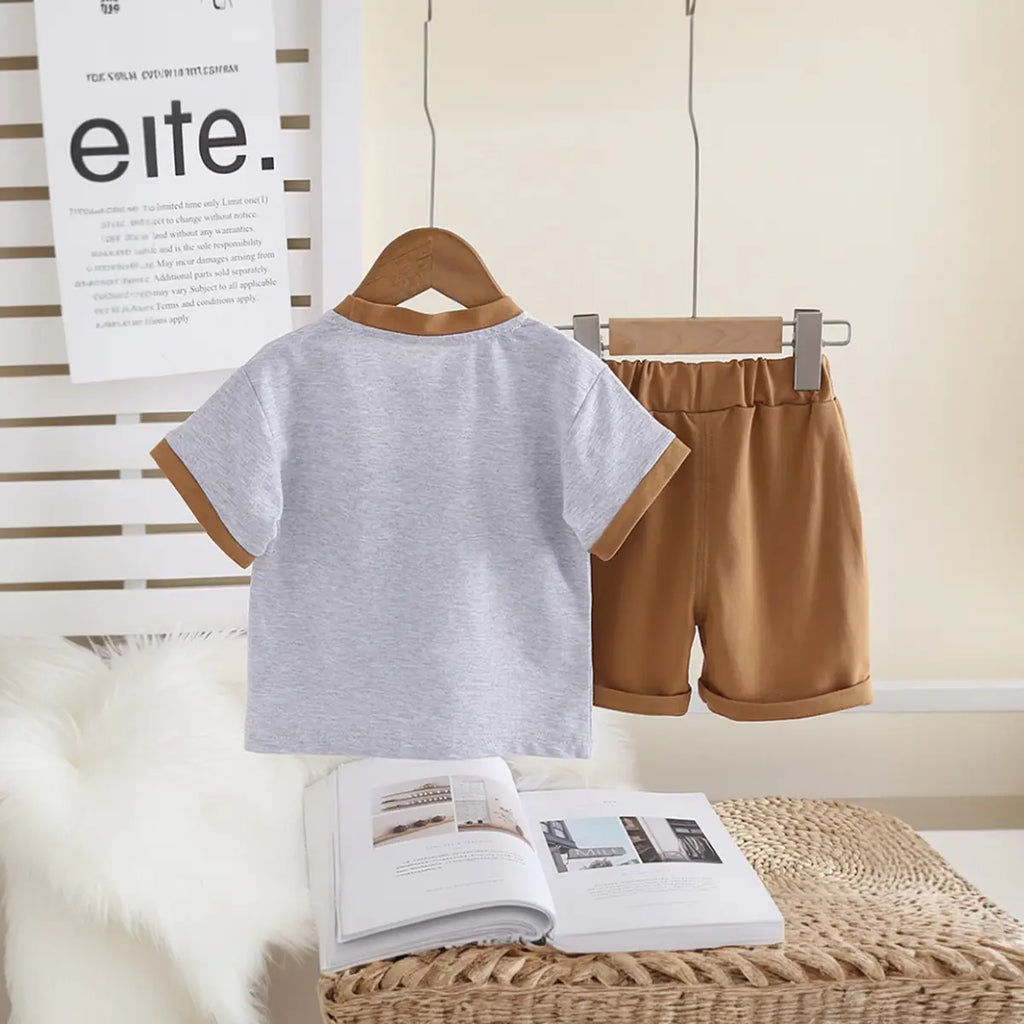 Boys Khaki Mushroom Applique Short Sleeve T-Shirt with Elasticated Shorts Sets 2 pc. Sets