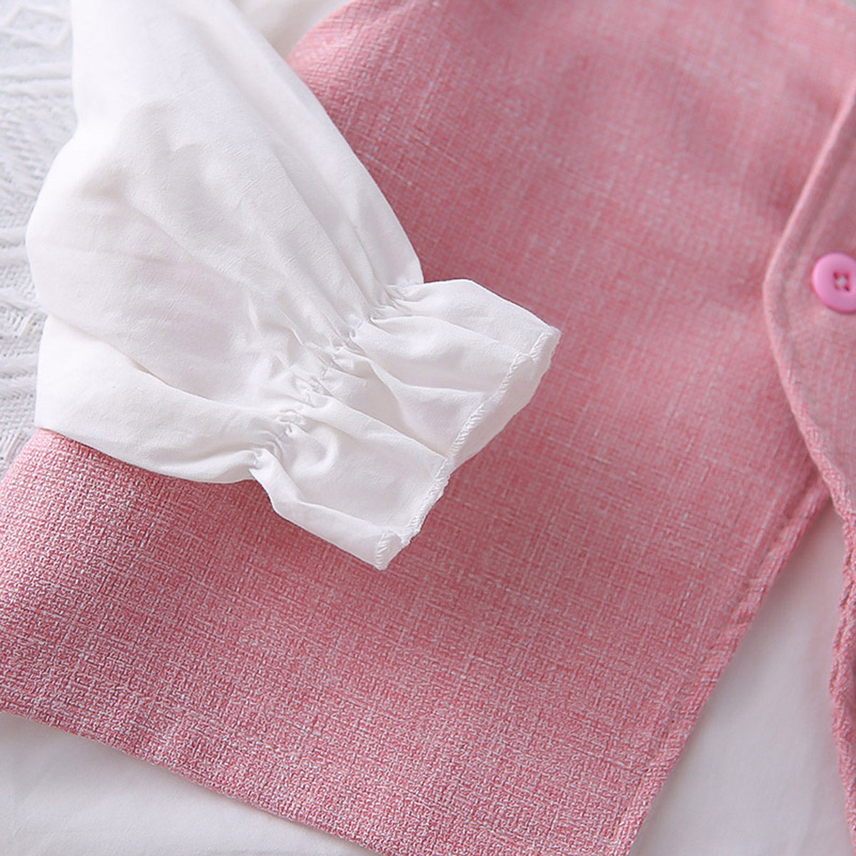 Girls Pink Textured Sleeveless Jacket With Top & Pants Set Sets