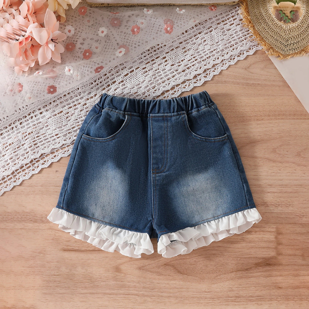 Girls White Sleeveless Top With Denim Shorts Set Sets