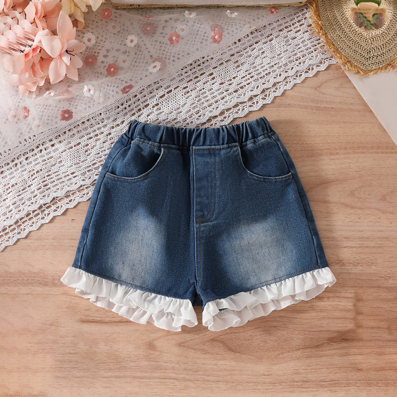 Girls White Sleeveless Top With Denim Shorts Set Sets