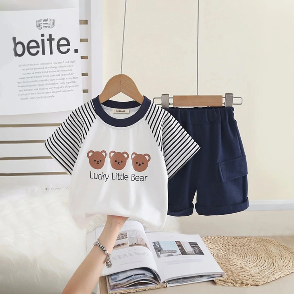 Boys Three Bear Printed T-Shirt With Navy Blue Shorts Set Sets Navy Blue 1-2 Y