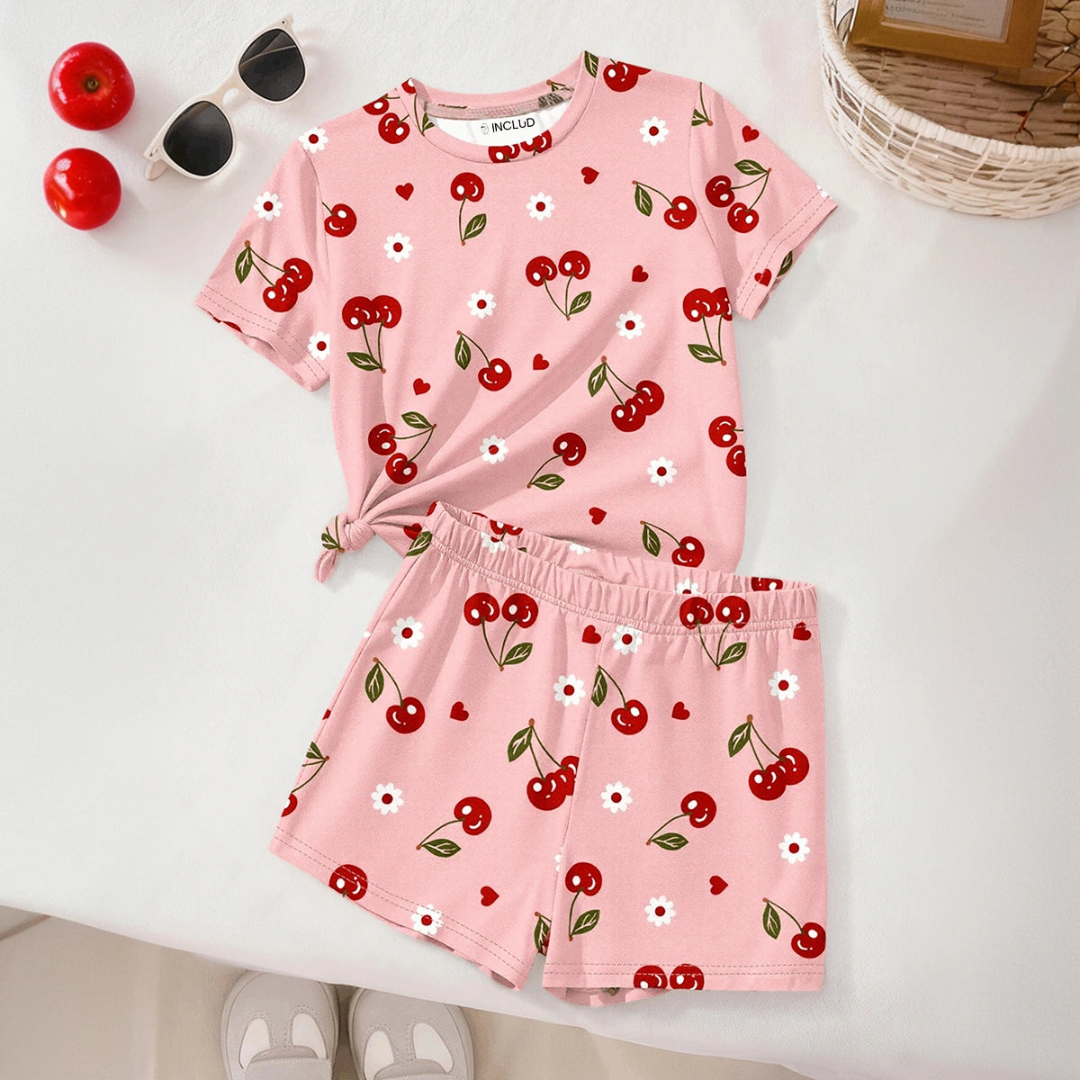Girls Pink Cherry Print Short Sleeve T-Shirt With Shorts Sets 2 pc. Sets Pink 3-4 Y