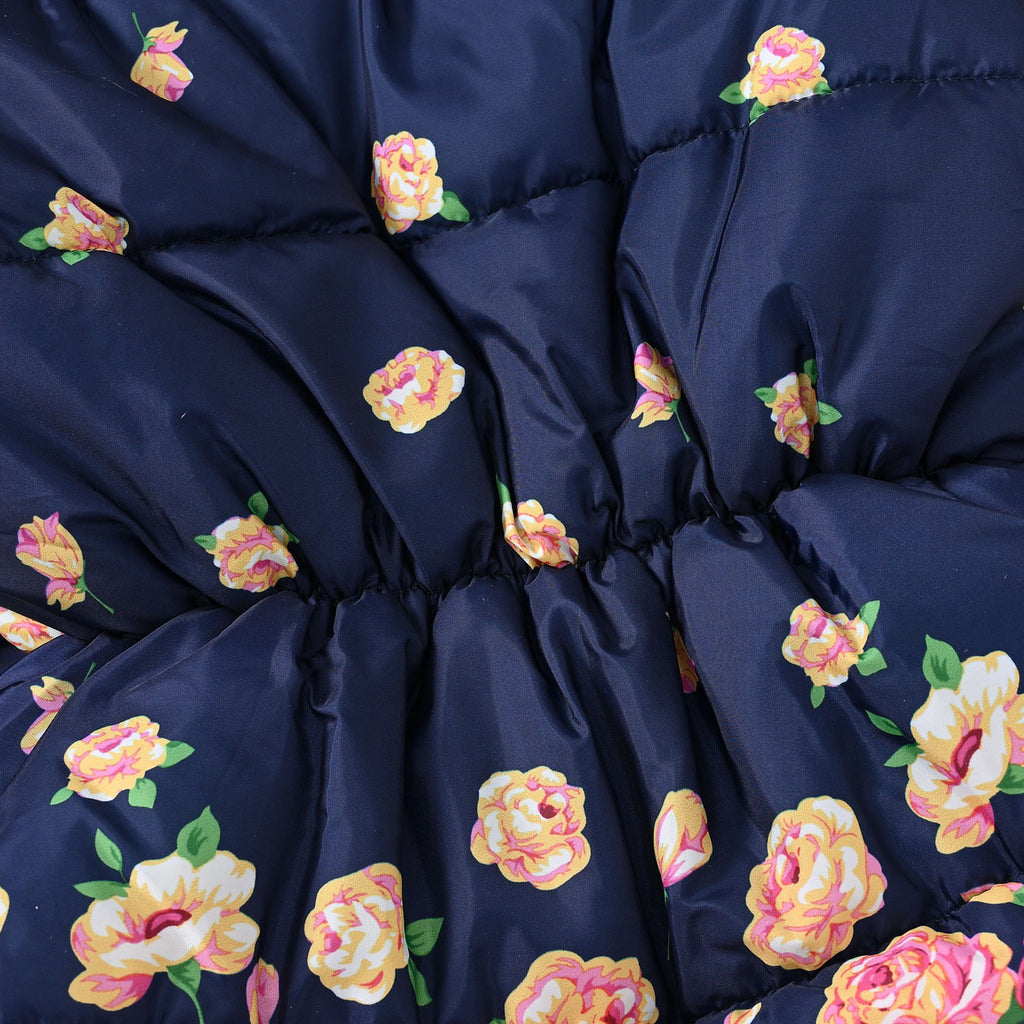Girls Navy Blue Rose Printed Hooded Puffer Jacket Coats & Jackets