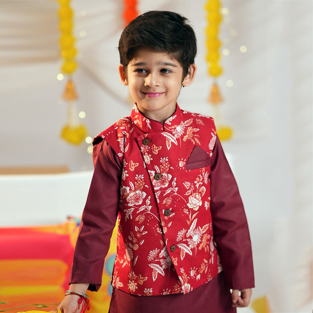 Boys Red Kurta with Floral Print Nehru Jacket & Pyjama Set Ethnicwear Boys