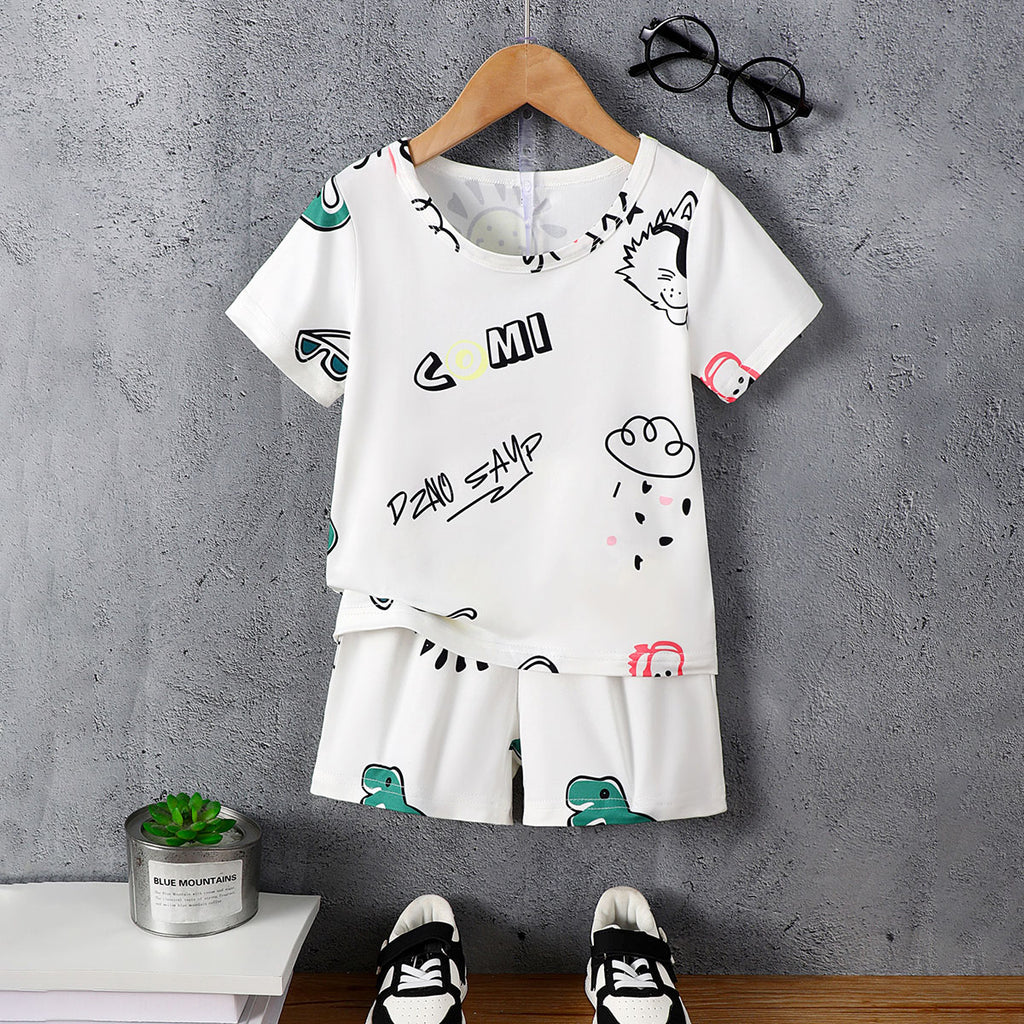 Boys White Cartoon Graphic T-Shirt With Shorts Set 2 pc. Sets