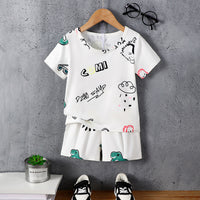 Boys White Cartoon Graphic T-Shirt With Shorts Set 2 pc. Sets