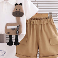 Boys White Animal Applique Short Sleeve Polo T-Shirt With Elasticated Shorts Sets 2 pc. Sets