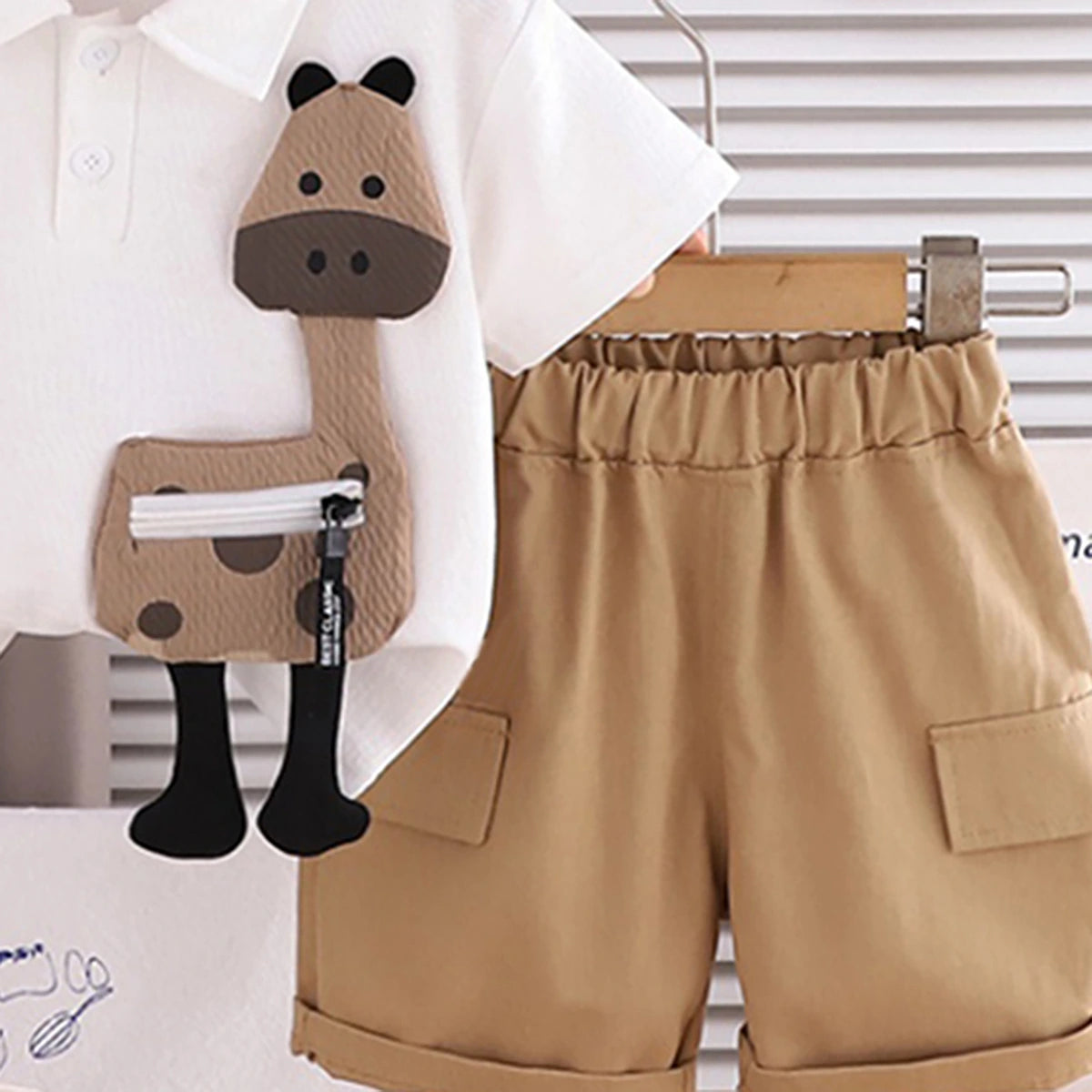 Boys White Animal Applique Short Sleeve Polo T-Shirt With Elasticated Shorts Sets 2 pc. Sets