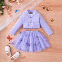 Girls Purple Long Sleeve Jacket With Camisole Top And Butterfly Embroidered Skirt Set 3 pc. Sets