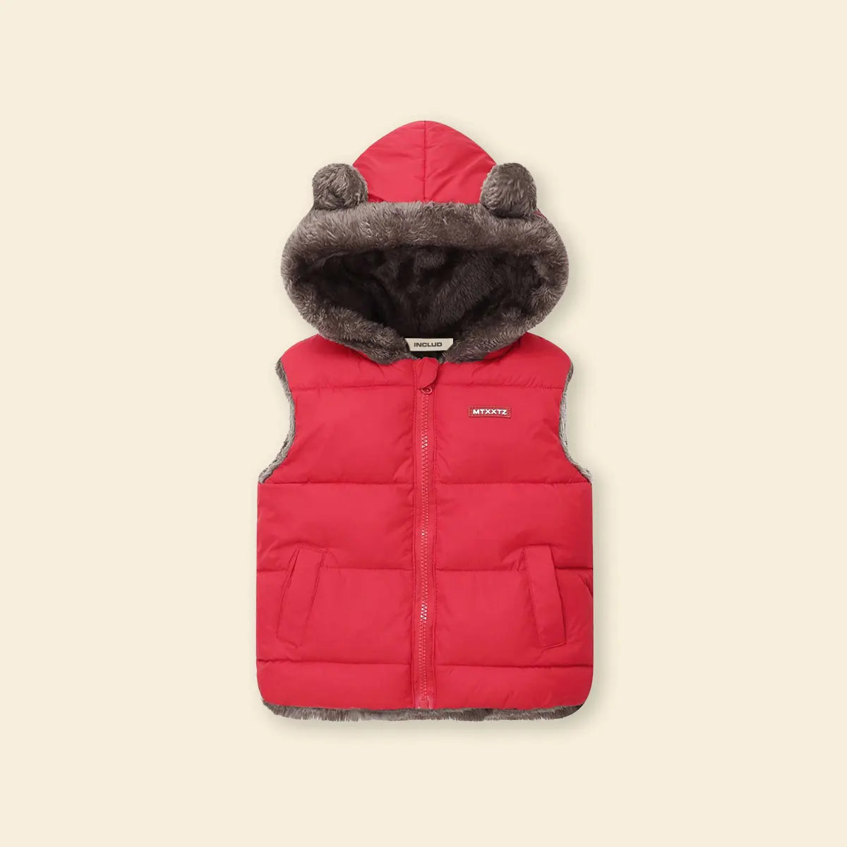 Girls Red Sleeveless Hooded Puffer Vest With Faux-fur Trim Coats & Jackets