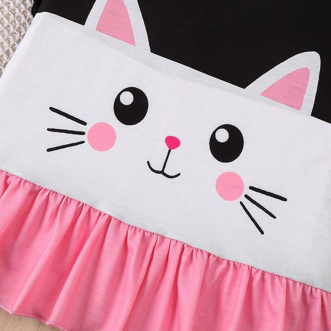 Girls Black-Pink Kitty Print Peplum Top Tops