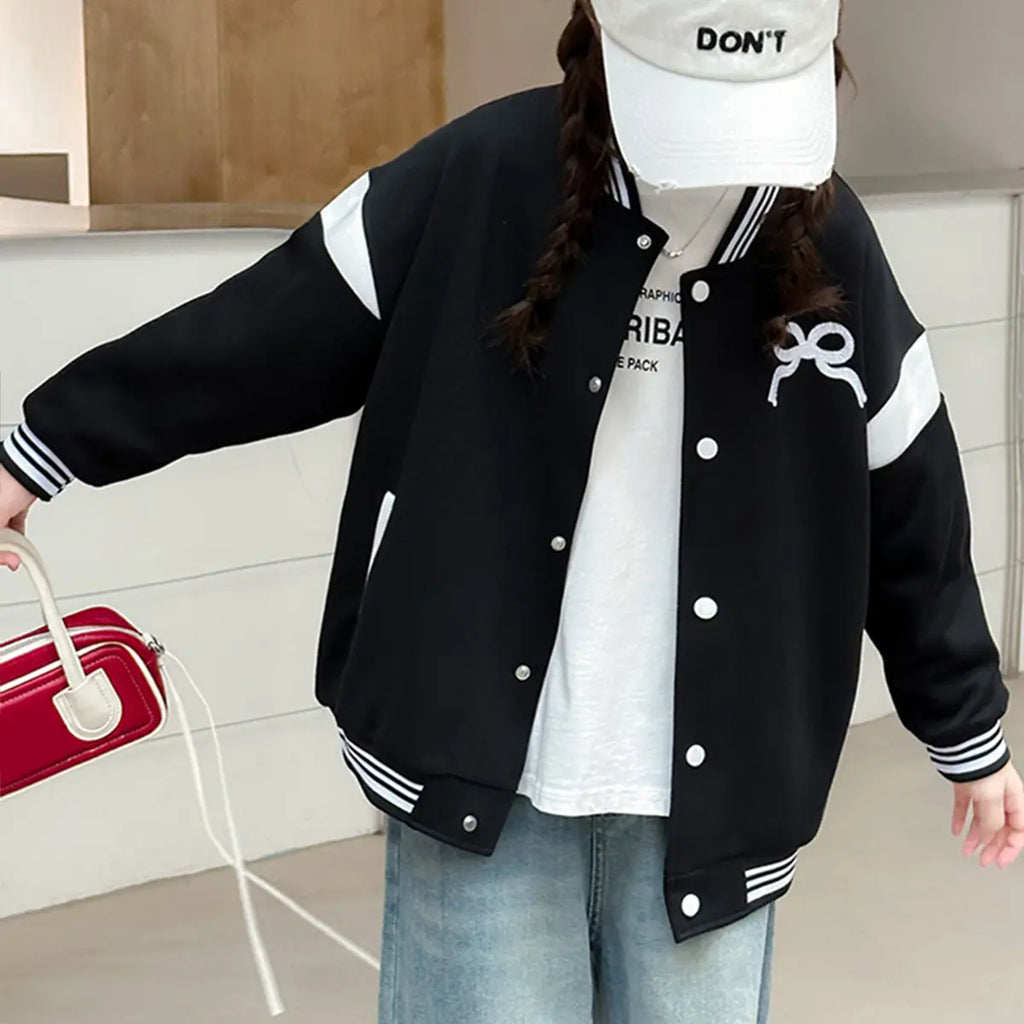 Girls Black Bow Printed Varsity Jacket Coats & Jackets