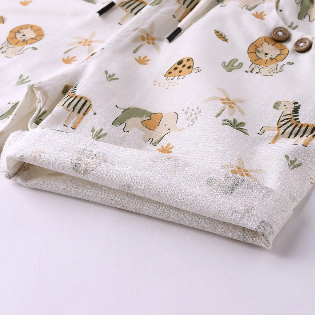 Boys White Animal Printed Shirt With Printed T-Shirt and Shorts Sets Sets