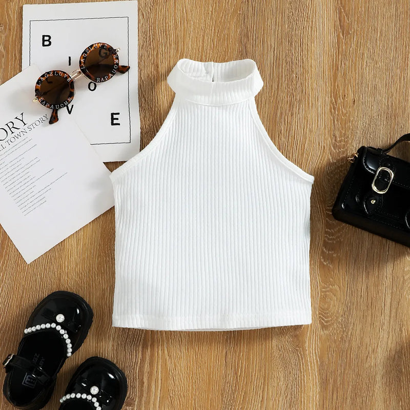 Girls White Ribbed Sleeveless Top With Shorts Sets 2 pc. Sets