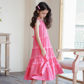 Girls Halter Neck Sleeveless Tiered Dress Casual Dresses   