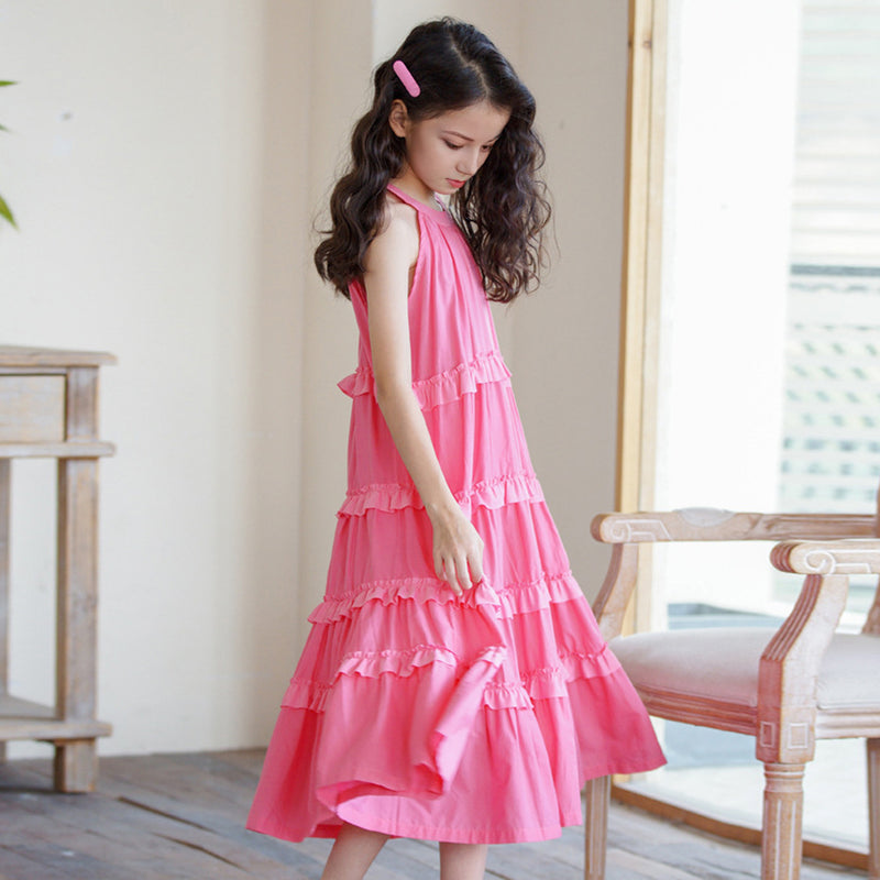 Girls Halter Neck Sleeveless Tiered Dress Casual Dresses   
