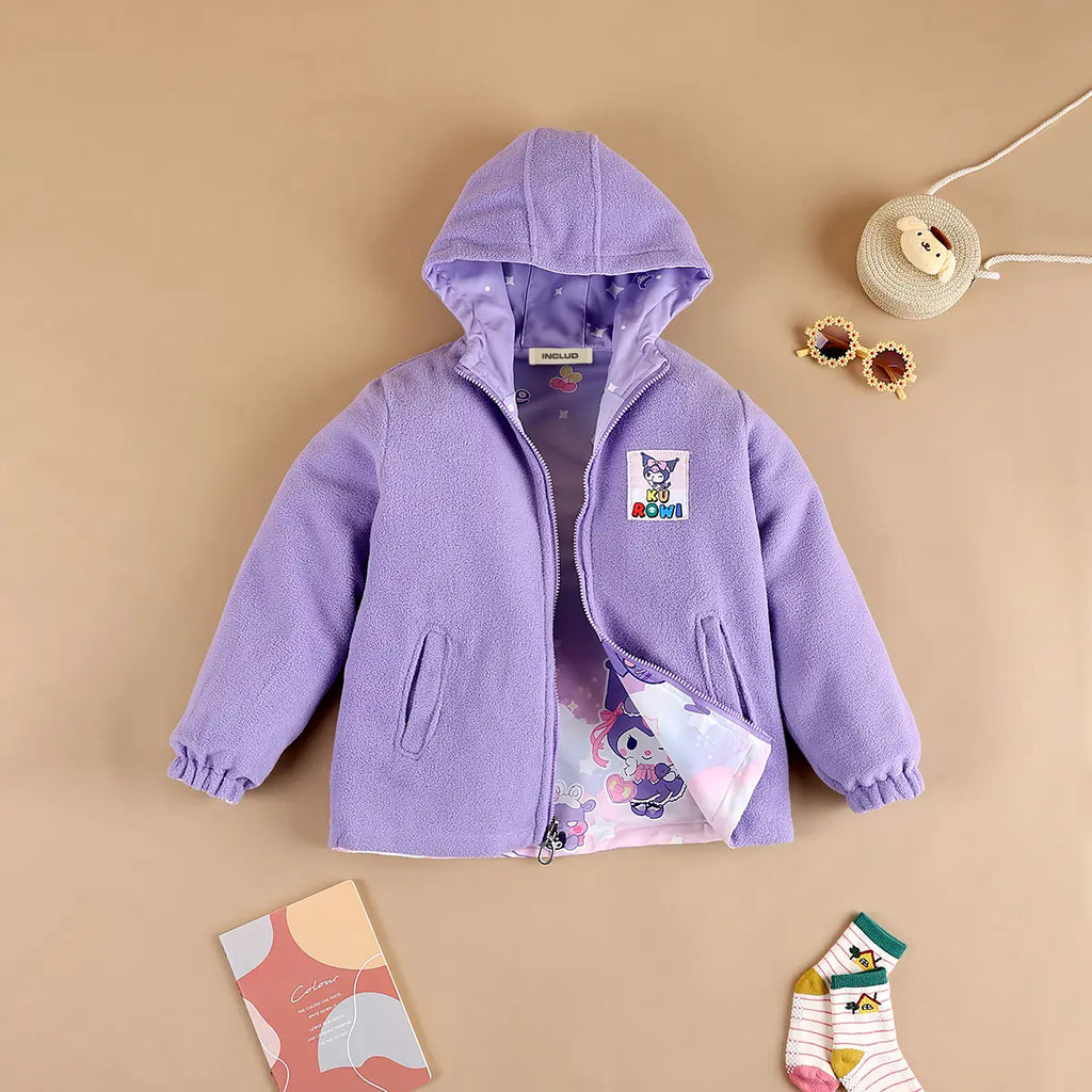 Girls Purple Kuromi Cartoon Printed Reversible Hooded Zipper Jacket Coats & Jackets