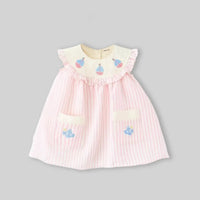 Girls Pink Stripes Sleeveless A-line Dress With Seaboat Embroidery Casual Dresses
