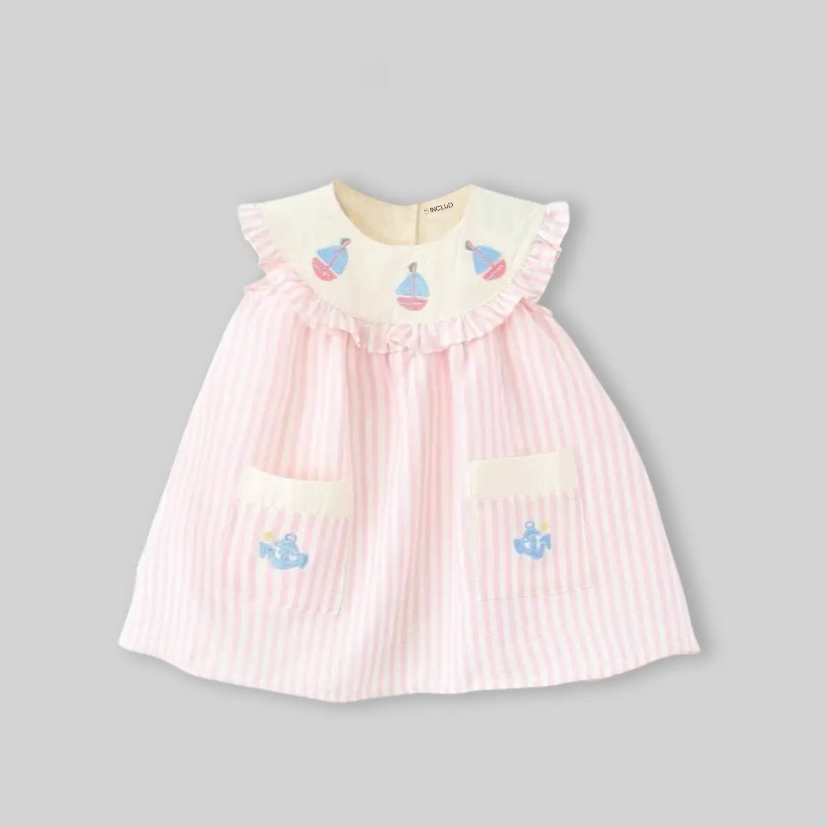 Girls Pink Stripes Sleeveless A-line Dress With Seaboat Embroidery Casual Dresses