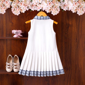 Girls White Sleeveless Checked A-line Dress Casual Dresses