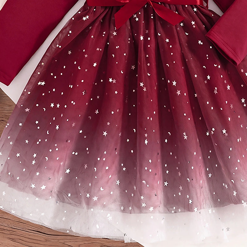 Girls Burgundy Star Foil Print Long Sleeve Fit & Flare Dress Casual Dresses