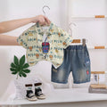 Boys Green Typographic Shirt With Distressed Denim Shorts & T-Shirt Sets Sets Green 1-2 Y