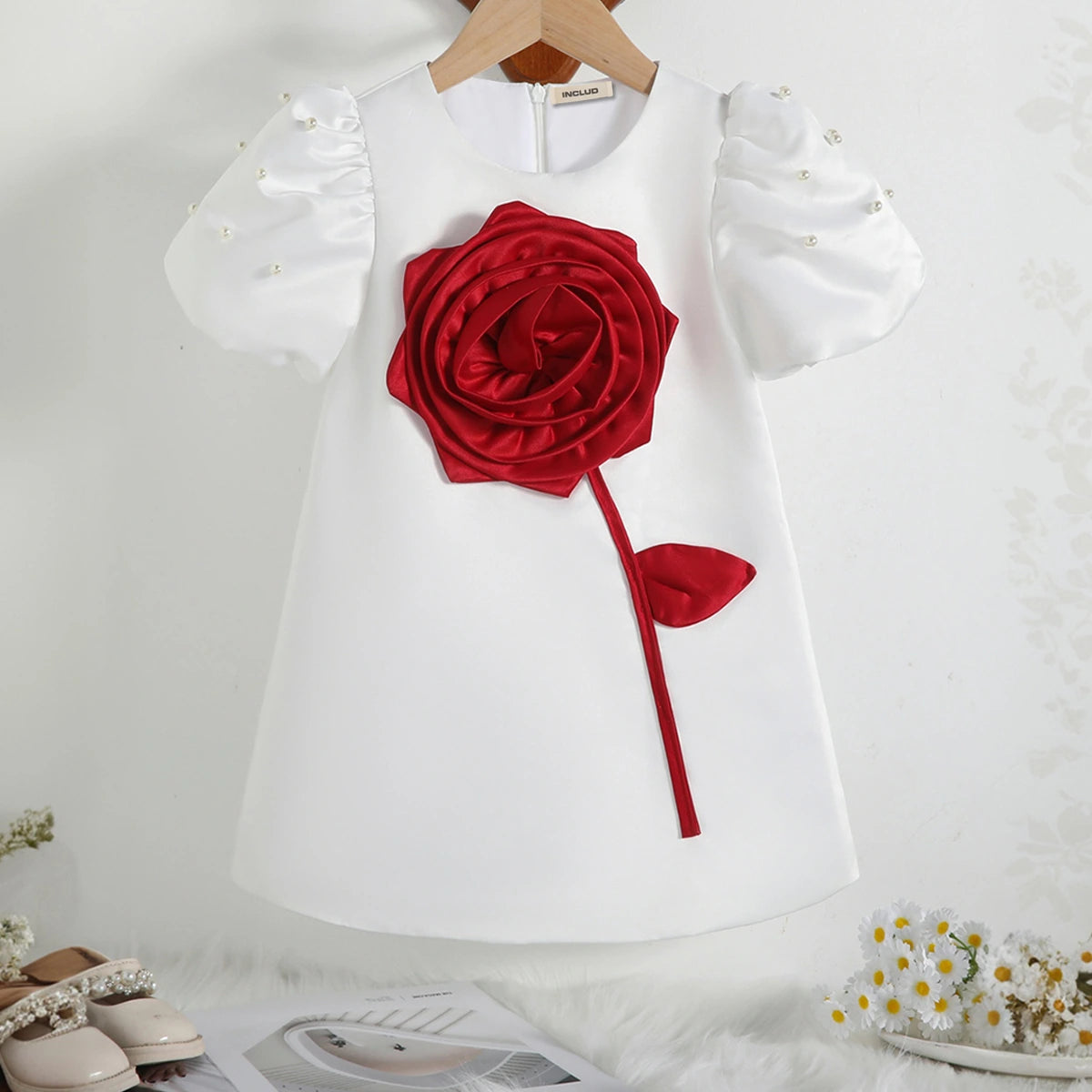 Girls White Pearl Embellished A-line Party Dress With 3D Flower applique Party Dresses White 2-3 Y