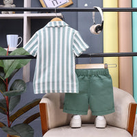 Boys Green Striped Short Sleeve Shirt With Graphic T-Shirt And Drawstring Shorts Sets Sets