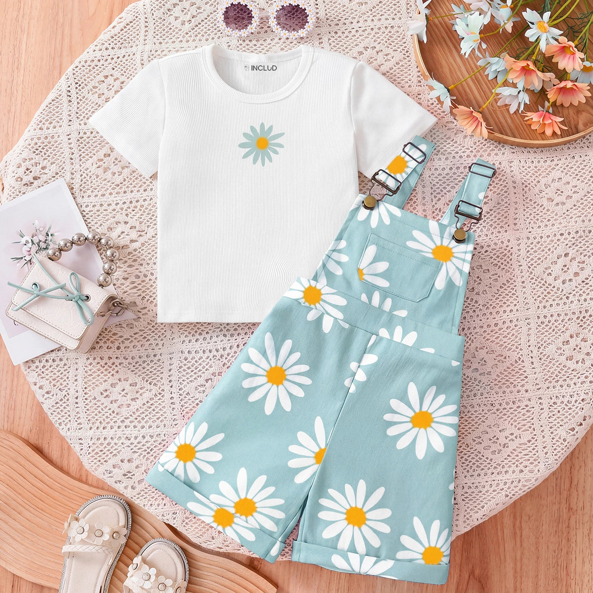 Girls White Short Sleeve Floral Print T-Shirt With Dungaree Sets 2 pc. Sets White 3-4 Y