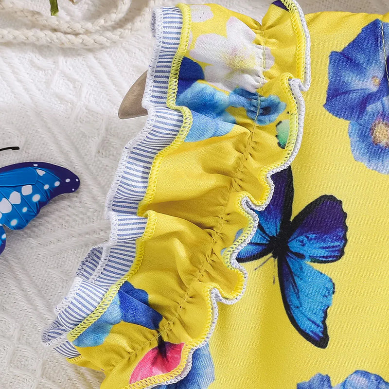 Girls Yellow Floral Fit & Flare Dress With Flutter Sleeves Casual Dresses