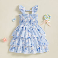 Girls Light Blue Floral Printed Flutter Sleeve Smocked Tiered Dress Casual Dresses