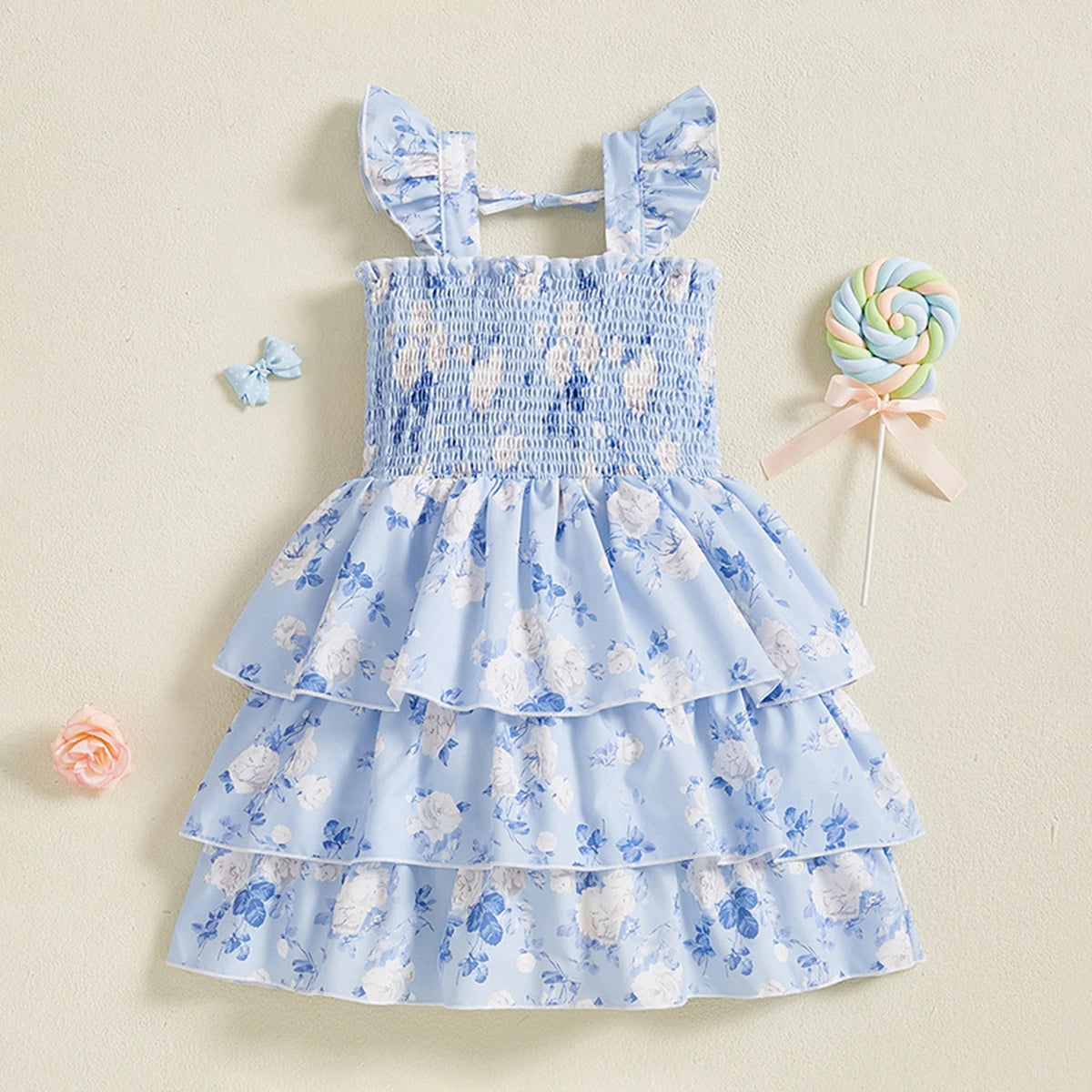 Girls Light Blue Floral Printed Flutter Sleeve Smocked Tiered Dress Casual Dresses