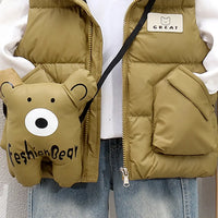 Boys Khaki Hooded Sleeveless Puffer Vest With Patch Pockets Coats & Jackets