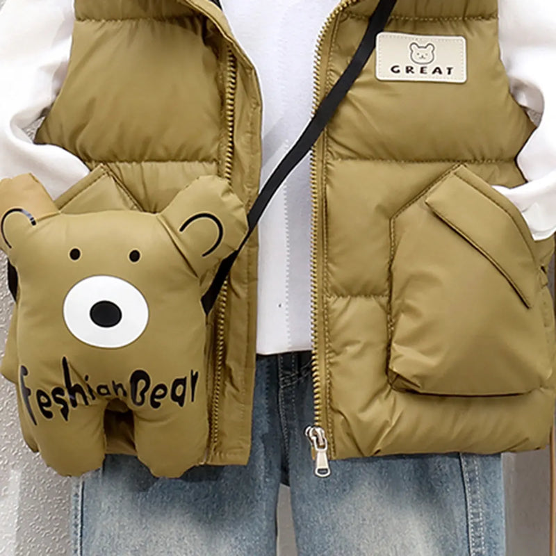 Boys Khaki Hooded Sleeveless Puffer Vest With Patch Pockets Coats & Jackets